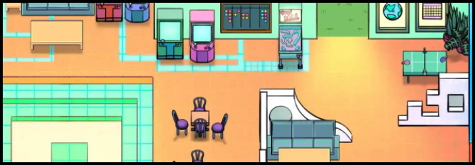 Ilustración de una colorida zona de ocio interior con máquinas recreativas, mesa de billar, zonas para sentarse y diversos juegos, que crean un ambiente animado y divertido.